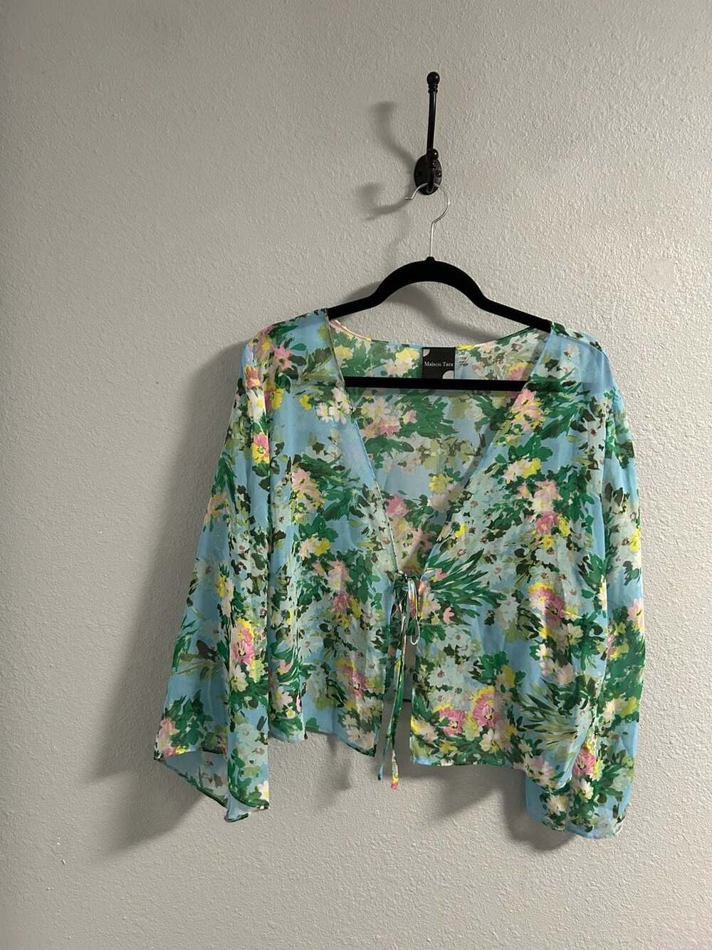 Maison Tara Blue Watercolor Floral Chiffon Tie Front Crop Blouse